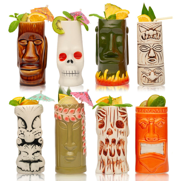 Ceramic Tiki Mugs, Set of 8 - 18-23.5oz - Perfect for Exotic Cocktails, Iced Tea, Soda, Mai Tai, Long Island